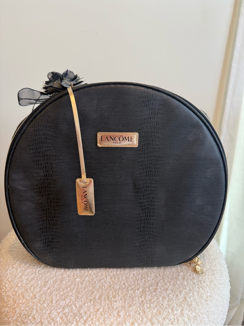 Lancôme Paris Black Lizard Embossed Cosmetic Travel Case Train Makeup Bag Gold